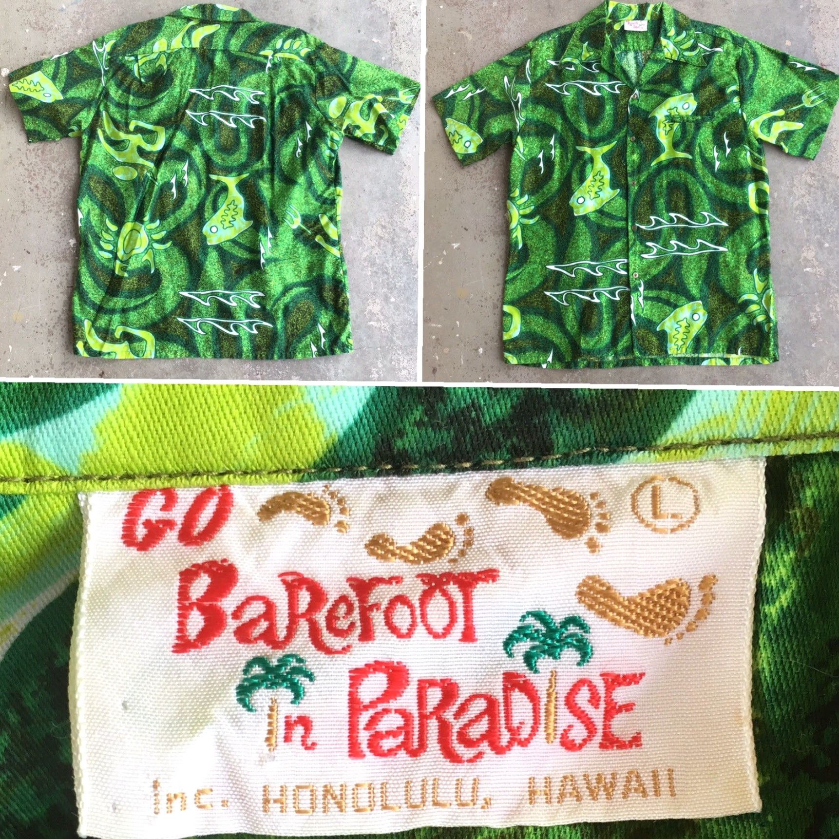 Vivobarefoot Vintage Go Barefoot Honolulu Hawaiian Shirt Hawaii Tiki Aloha Fish L Green Short Sleeve Casual Sportswear/Beach Mens L Size US L / EU 52-54 / 3 - 7 Thumbnail