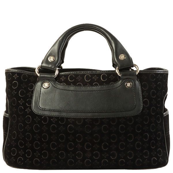 image of Celine Suede Leather Combination C Sulky Pattern Top Handle Bag Black, Women's