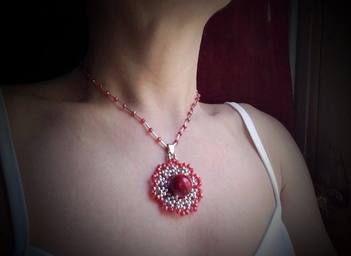 Handmade Necklace Mandala Pendant+ Earrings Red/Silver. Size ONE SIZE - 8 Thumbnail