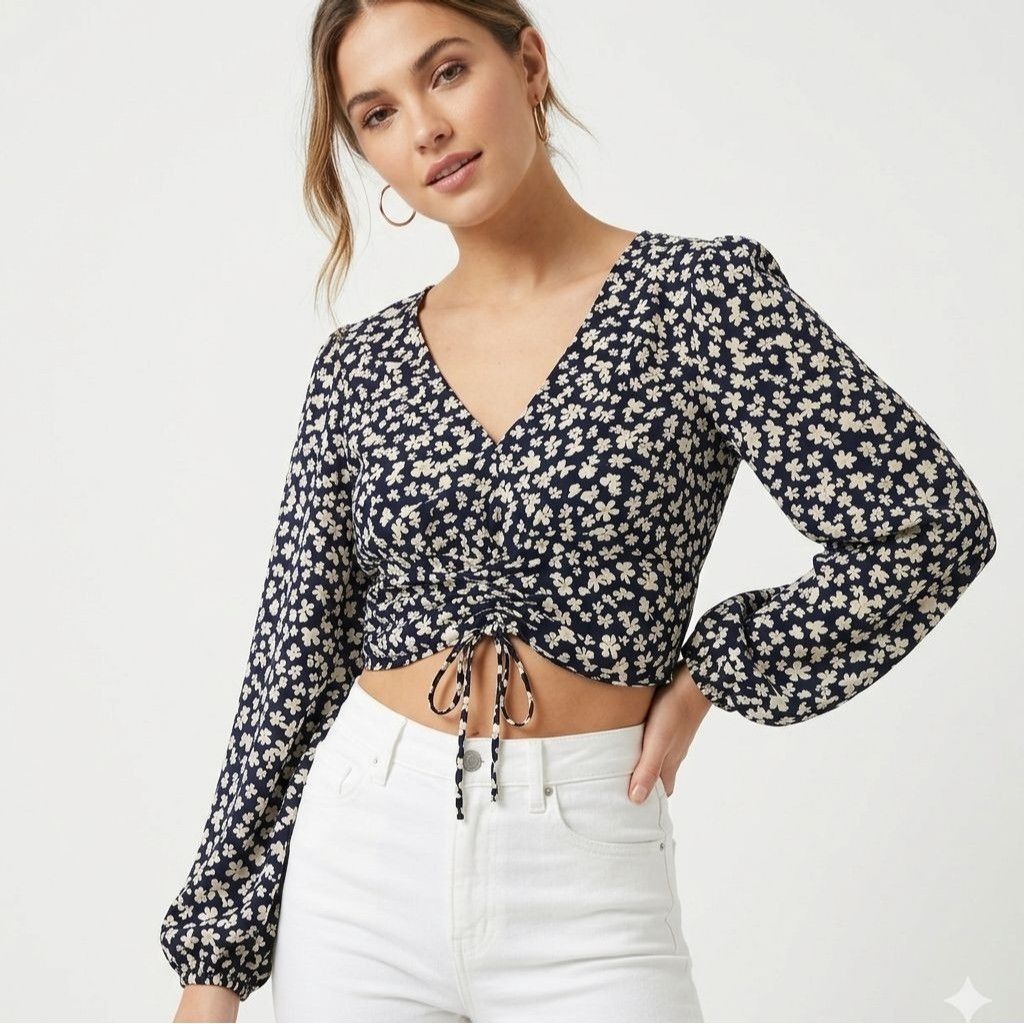 H&M H&M Black Floral Crop Top Long Sleeve V-Neck Drawstring Hem Size M / US 6-8 / IT 42-44 - 1 Thumbnail