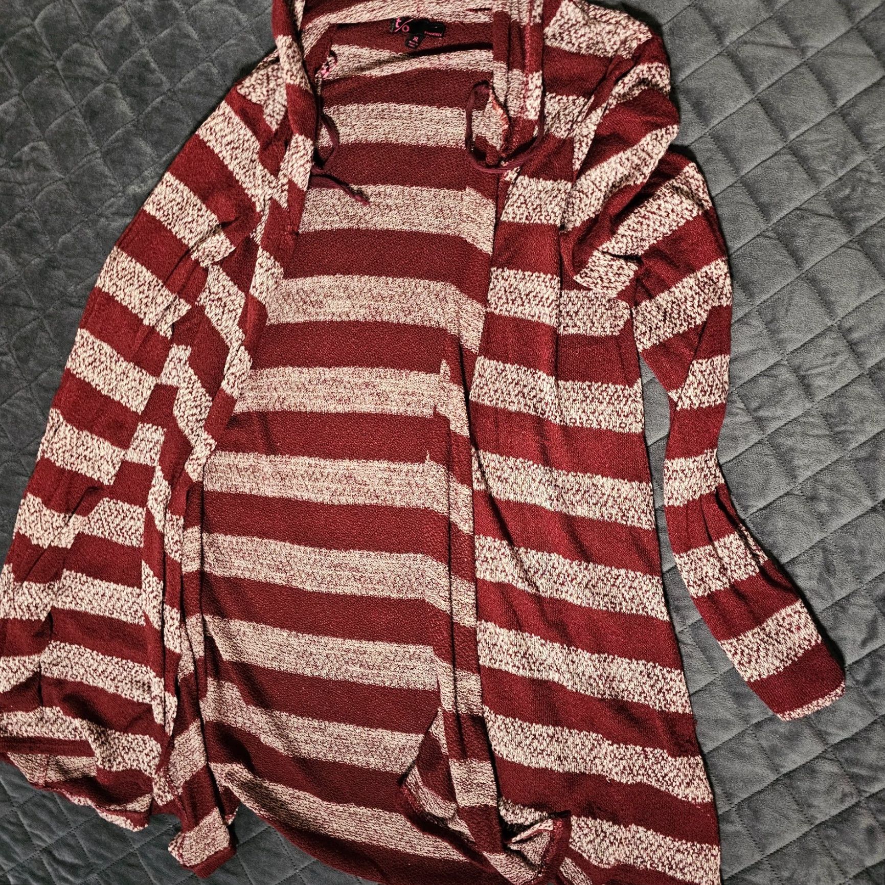 Vintage t/o Sweater Cardigan Women XL Red Striped Hooded Open Front Long Sleeve Casual Knit Size XL / US 12-14 / IT 48-50 - 6 Thumbnail