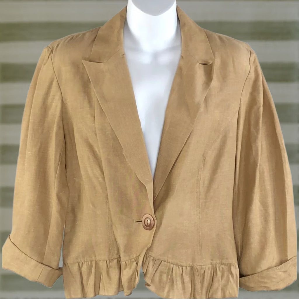 Vintage Bandolino Linen Blazer Jacket 12 Tan Cropped NWT Ruffles Coquette Academia Size XL / US 12-14 / IT 48-50 - 1 Thumbnail