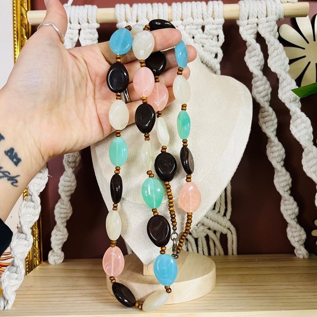 Jewelry Multicolor Acrylic Beaded Necklace Blue Pink Brown Long Size ONE SIZE - 4 Thumbnail