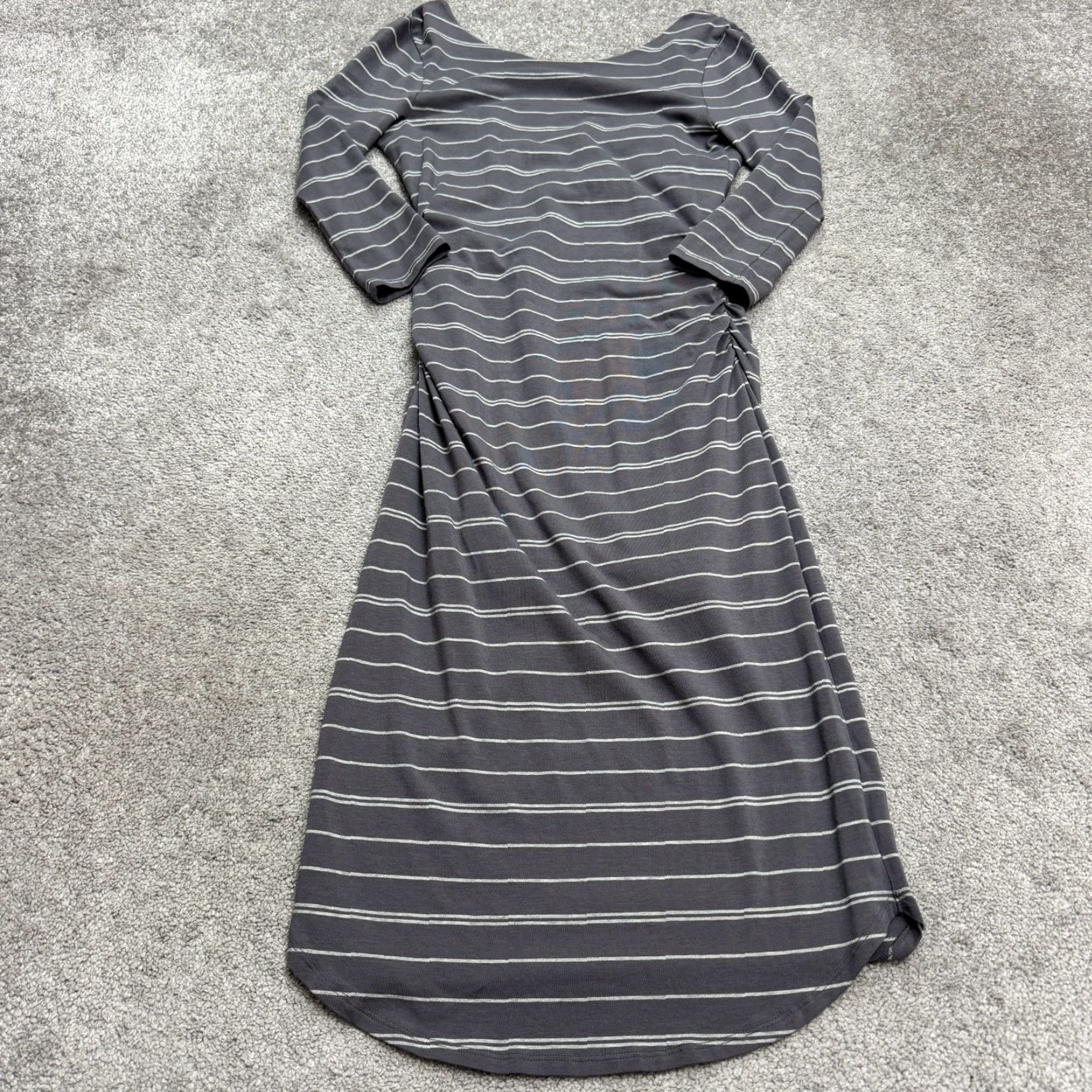 Athleta Athleta Dress Womens XS Gray White Striped Ruched Side Bodycon Midi Long Sleeve Size XS / US 0-2 / IT 36-38 - 5 Thumbnail