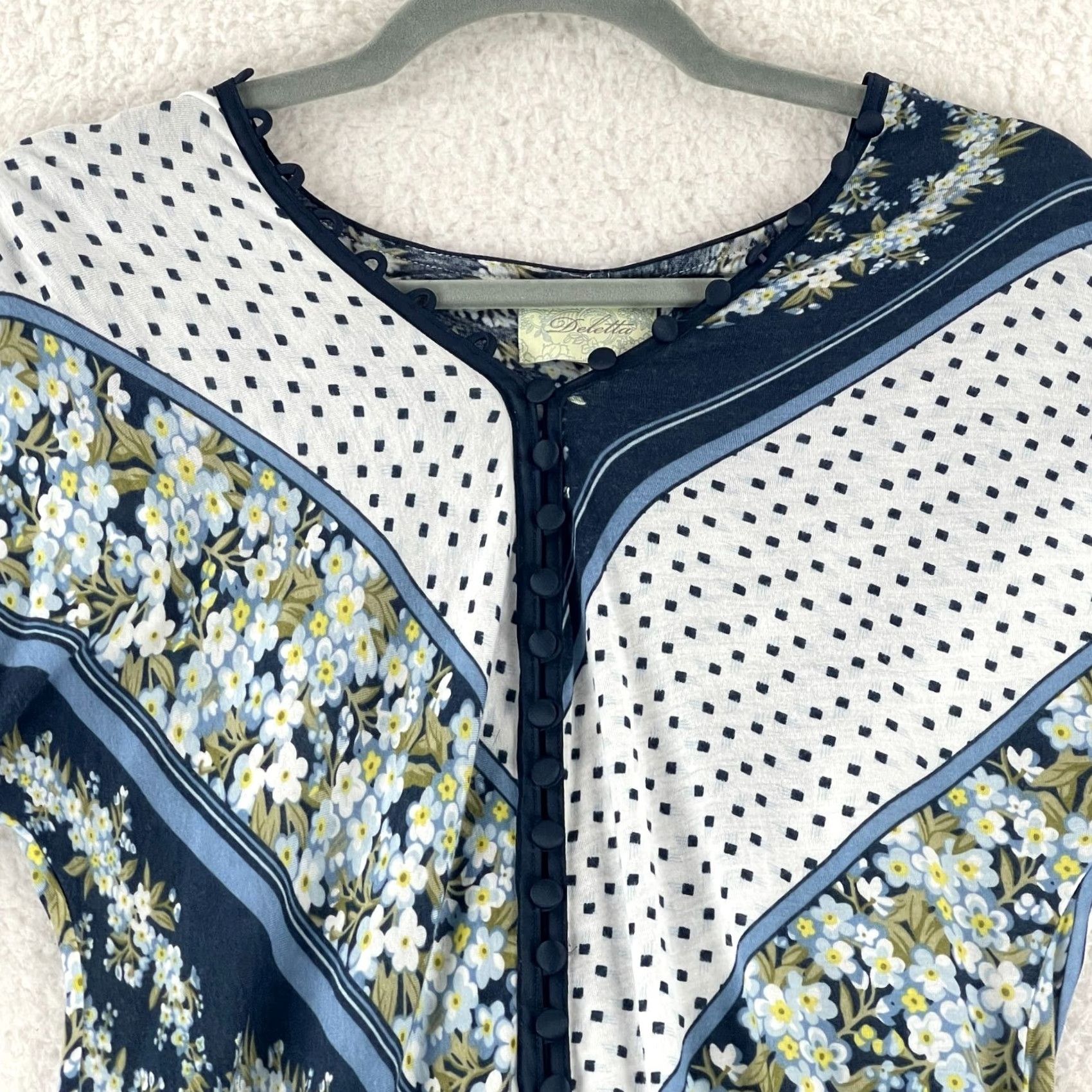 Vintage Deletta Blue Floral Mixed Media Short Sleeve Shirt Womens Pullover Size M Size M / US 6-8 / IT 42-44 - 3 Thumbnail