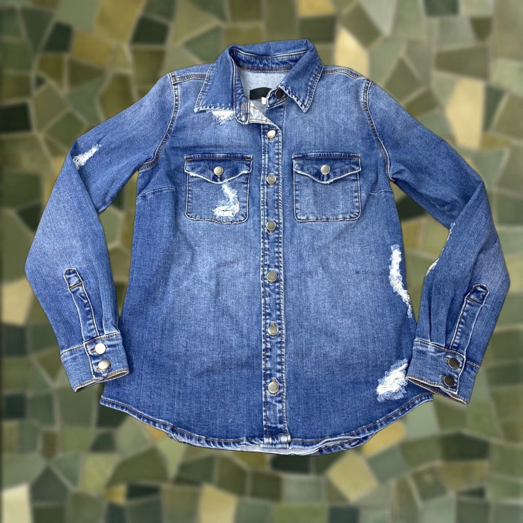 Vintage KUT from the Kloth Shirt Womens Medium Blue Denim Distressed Snap Button Western Size M / US 6-8 / IT 42-44 - 1 Thumbnail