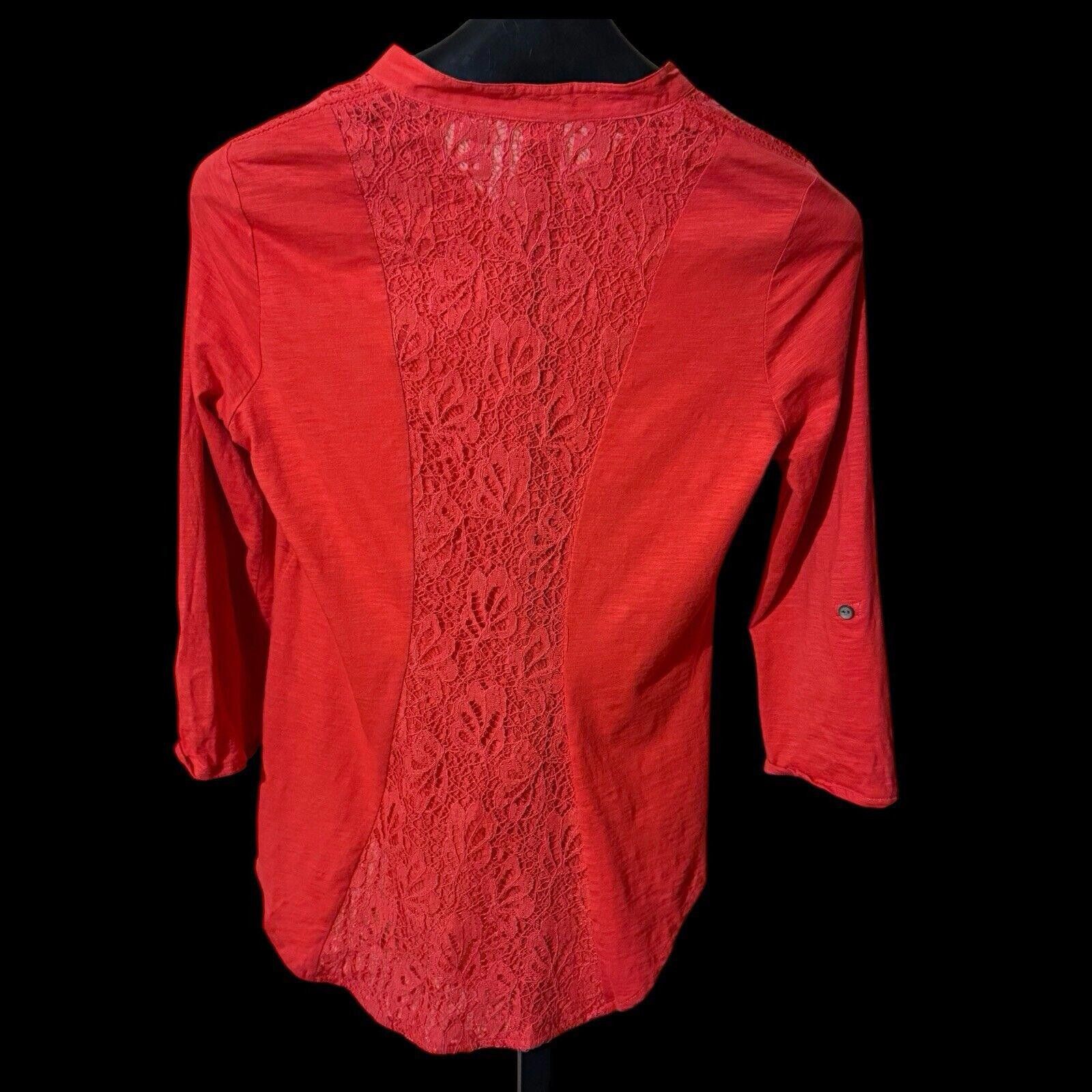 NO ID Reba Sheer Red Lace Detail 3/4 Sleeve Blouse Top Sz S Size S / US 4 / IT 40 - 3 Thumbnail