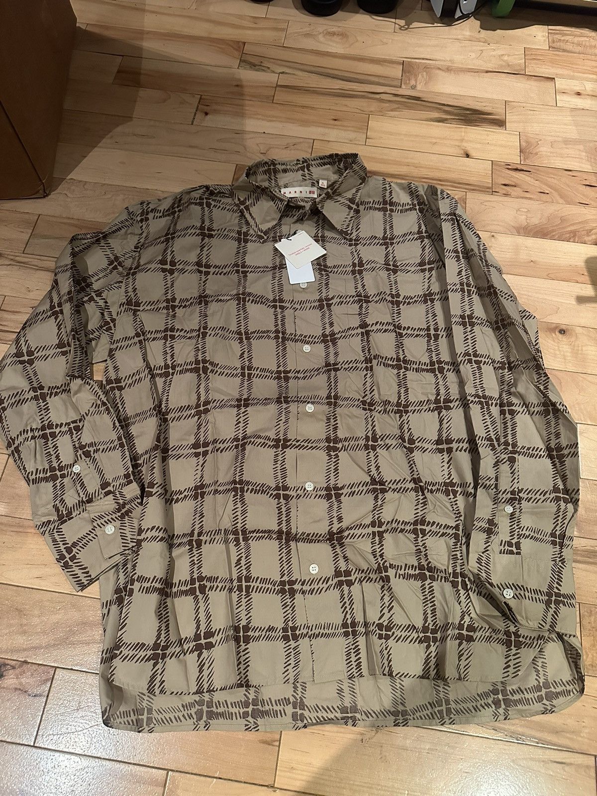 image of Marni x Uniqlo Oversized Plaid Pajama Printed Long Sleeve Shirt Beige Xl, Men's