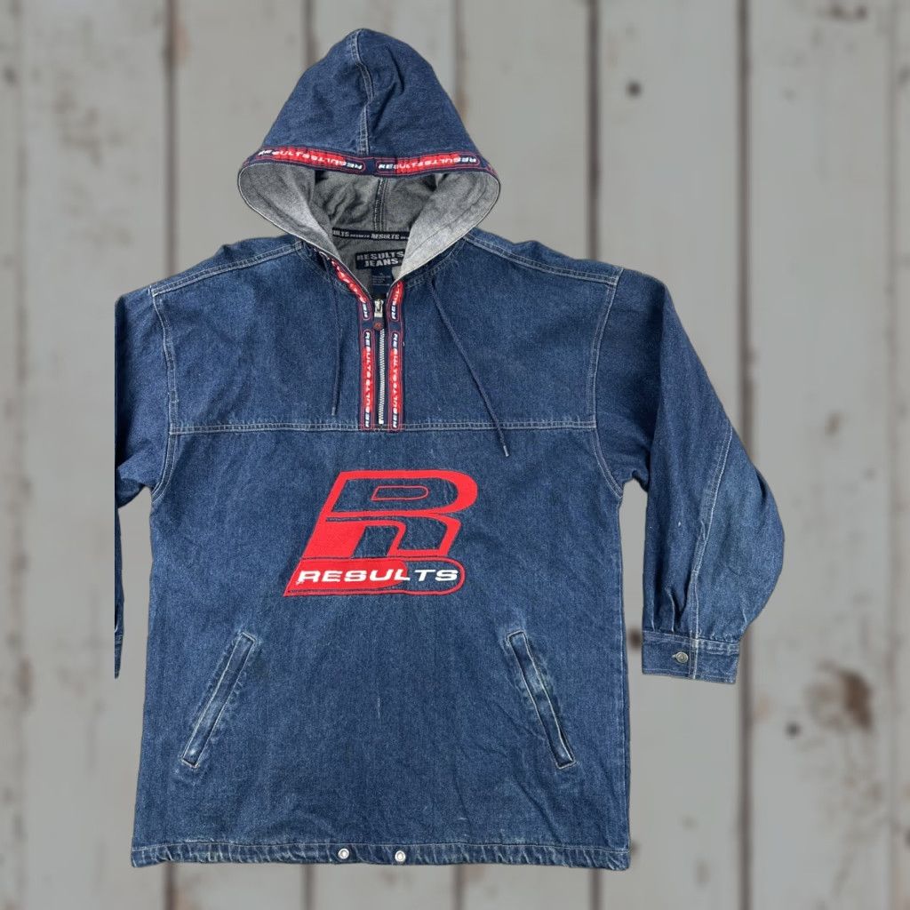 Vintage VINTAGE Results Jeans XL Embroidered Blue Denim Hooded 1/4 Zip Anorak Jacket 90s Mens Size US 36 / EU 52 - 1 Thumbnail
