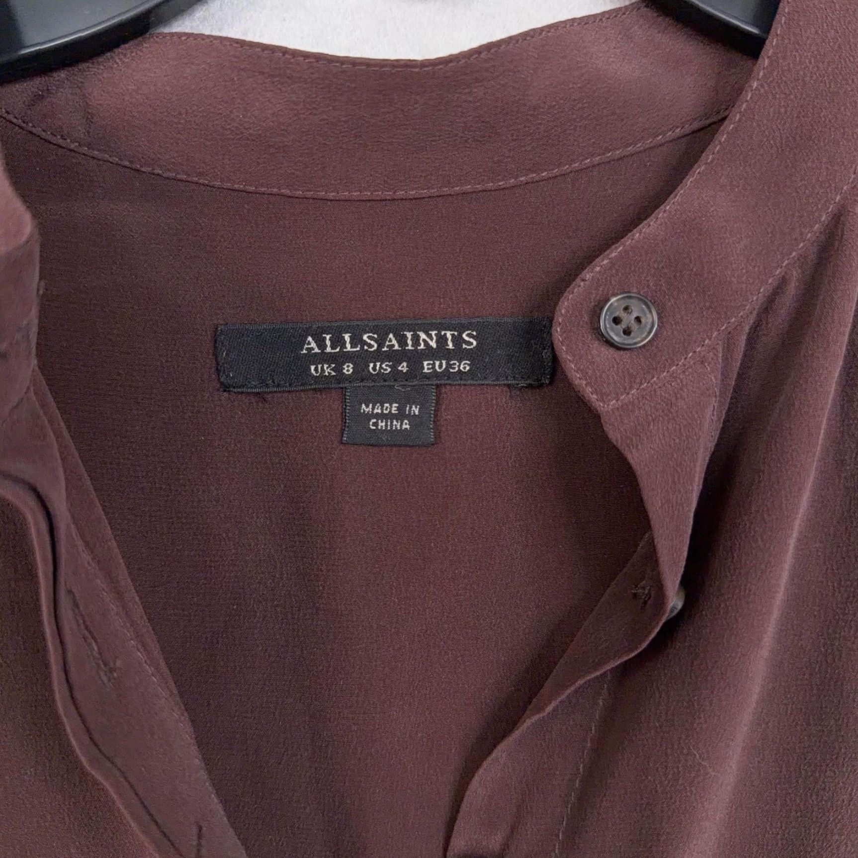 Allsaints AllSaints Dress Shirt Womens 4 Red Burgundy Silk Smocked Mini Button Front Collared Long Sleeve Casual Party/Cocktail Size S / US 4 / IT 40 - 4 Thumbnail