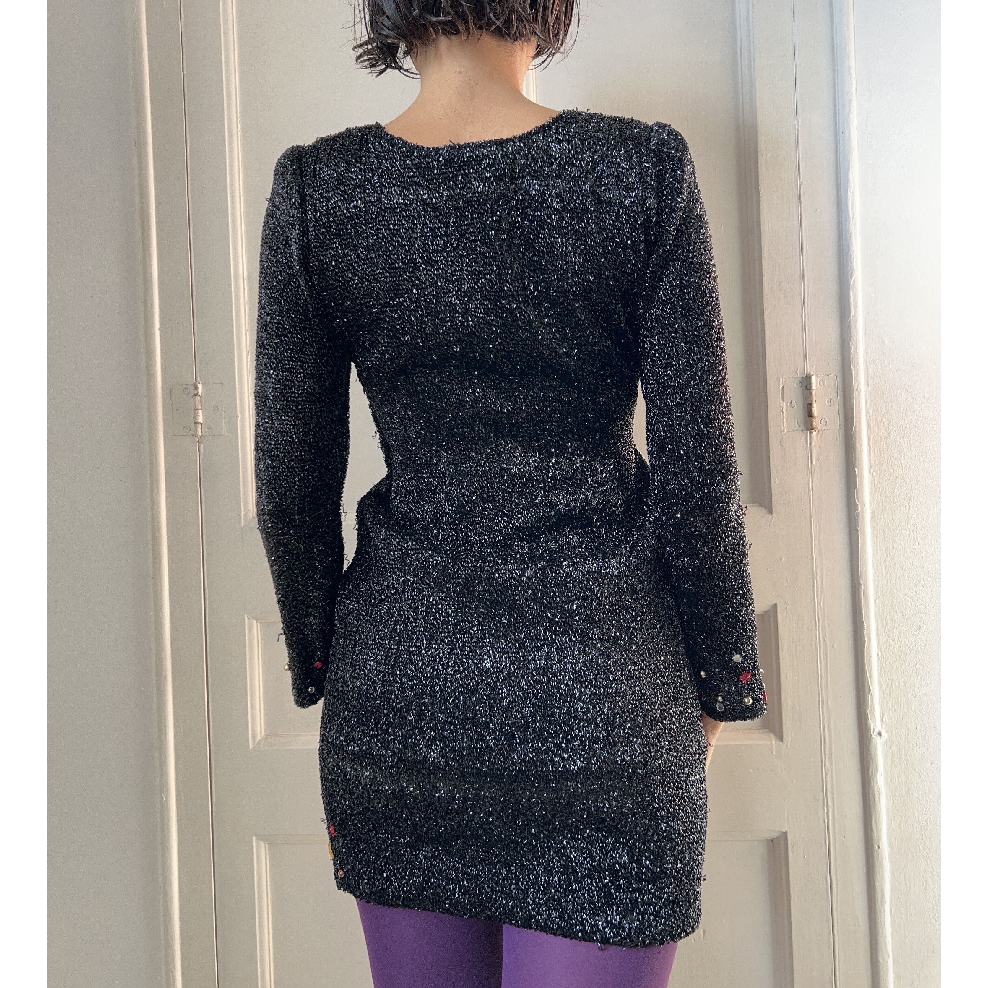Vintage Vintage 80s Jeweled Black Lurex Mini Dress Size S / US 4 / IT 40 - 2 Thumbnail