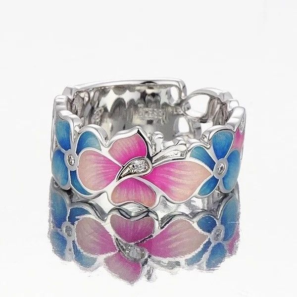 Jewelry × Sterling Silver × Vintage Exquisite Pink Blue Enamel Butterfly Vintage 925 Silver Ring Size ONE SIZE - 2 Thumbnail