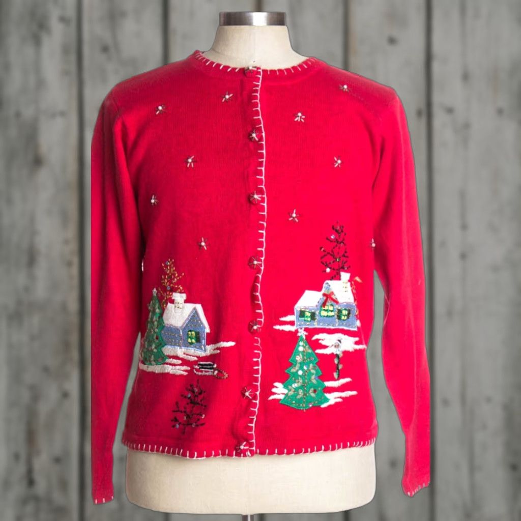 Vintage VINTAGE Red Christmas Cardigan I.B. Diffusion M Ramie / Cotton Mens XL Womens XL Cardigan Holiday Landscape 37353 Size M / US 6-8 / IT 42-44 - 1 Preview