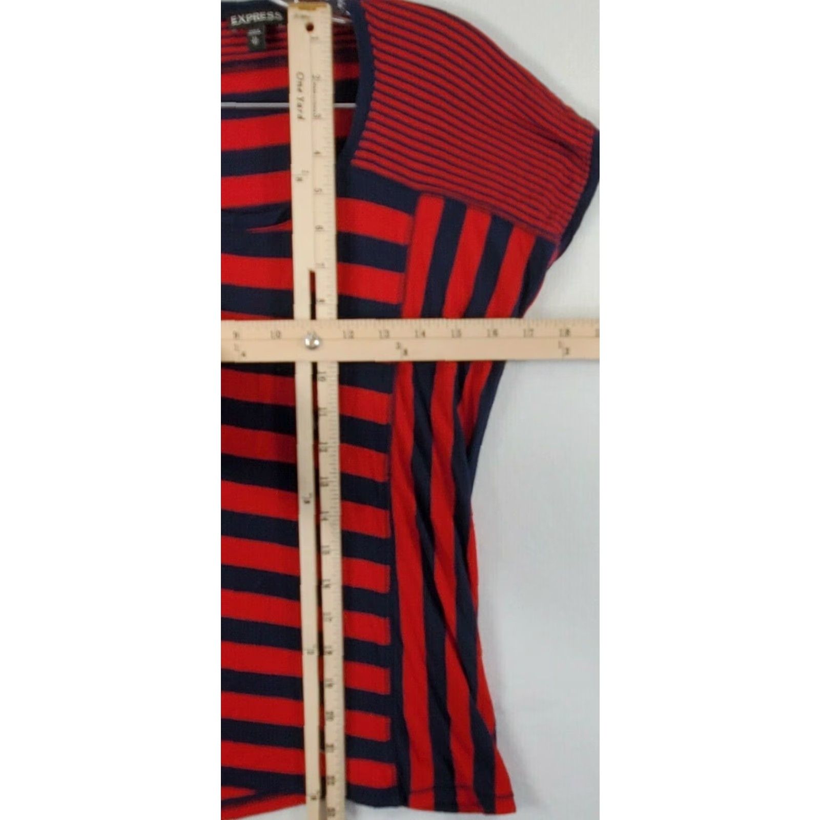 Express Express Shirt Womens XS Navy Blue And Red Striped Short Sleeve Stretch Nice Size XS / US 0-2 / IT 36-38 - 3 Thumbnail