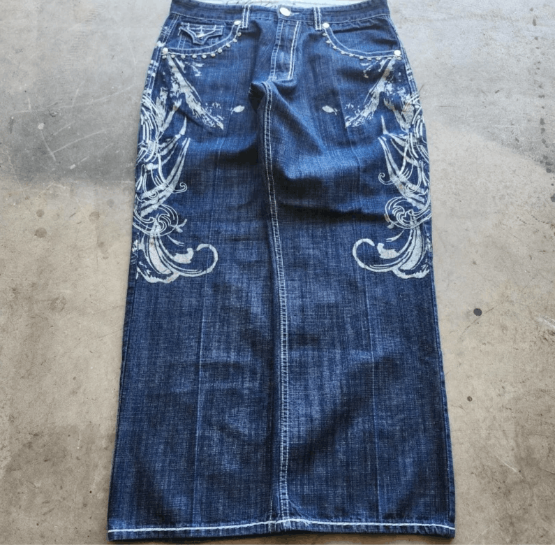 Japanese Brand Y2K American Pattern Geometric Embroidery Baggy Jeans Size US 36 / EU 52 - 2 Thumbnail
