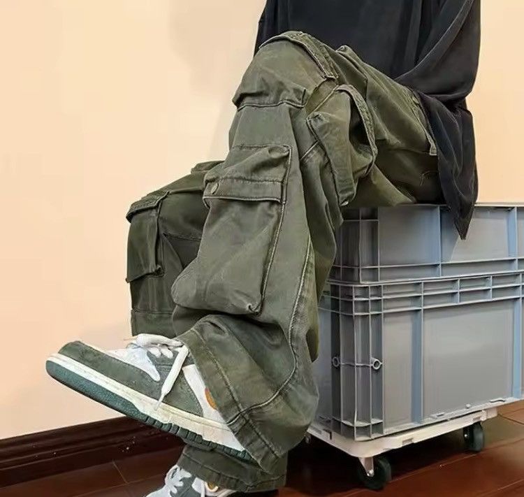 Japanese Brand Olive Green Baggy Cargo Pants - Y2K Skate Streetwear Size US 31 - 2 Thumbnail