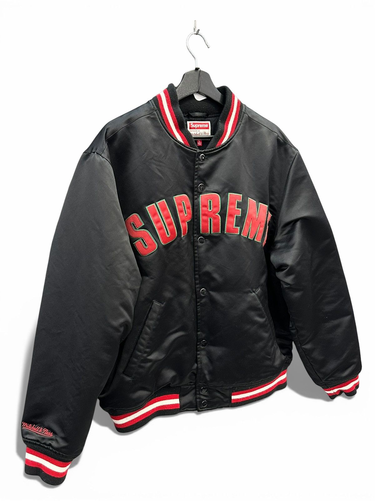 Supreme Supreme Mitchell & Ness Satin Black Varsity Jacket Size US L / EU 52-54 / 3 - 2 Thumbnail