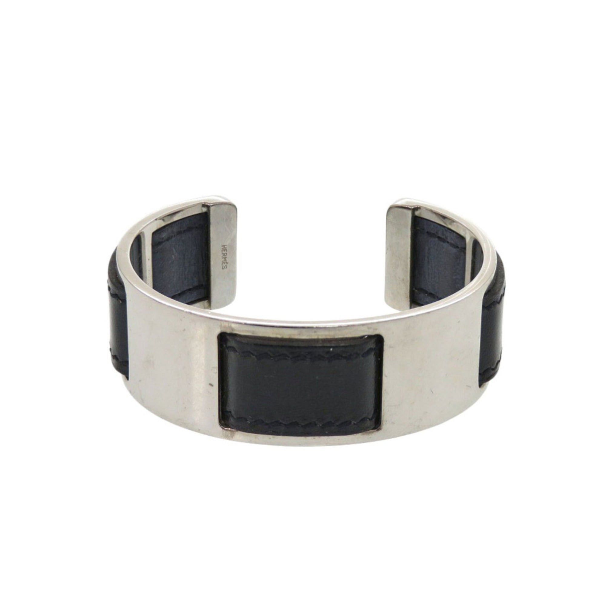 Hermes Bangle Leather Metal Silver Black Bracelet 0128