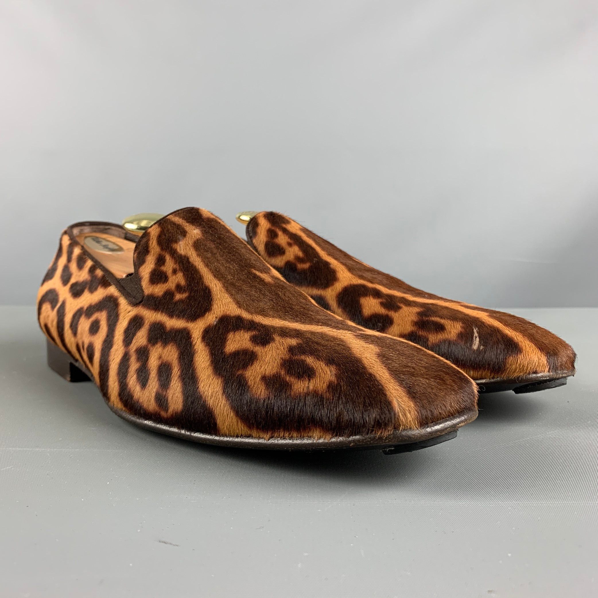 image of YVES Saint Laurent Brown Tan Animal Print Leather Slip On Loafers, Men's (Size 8)