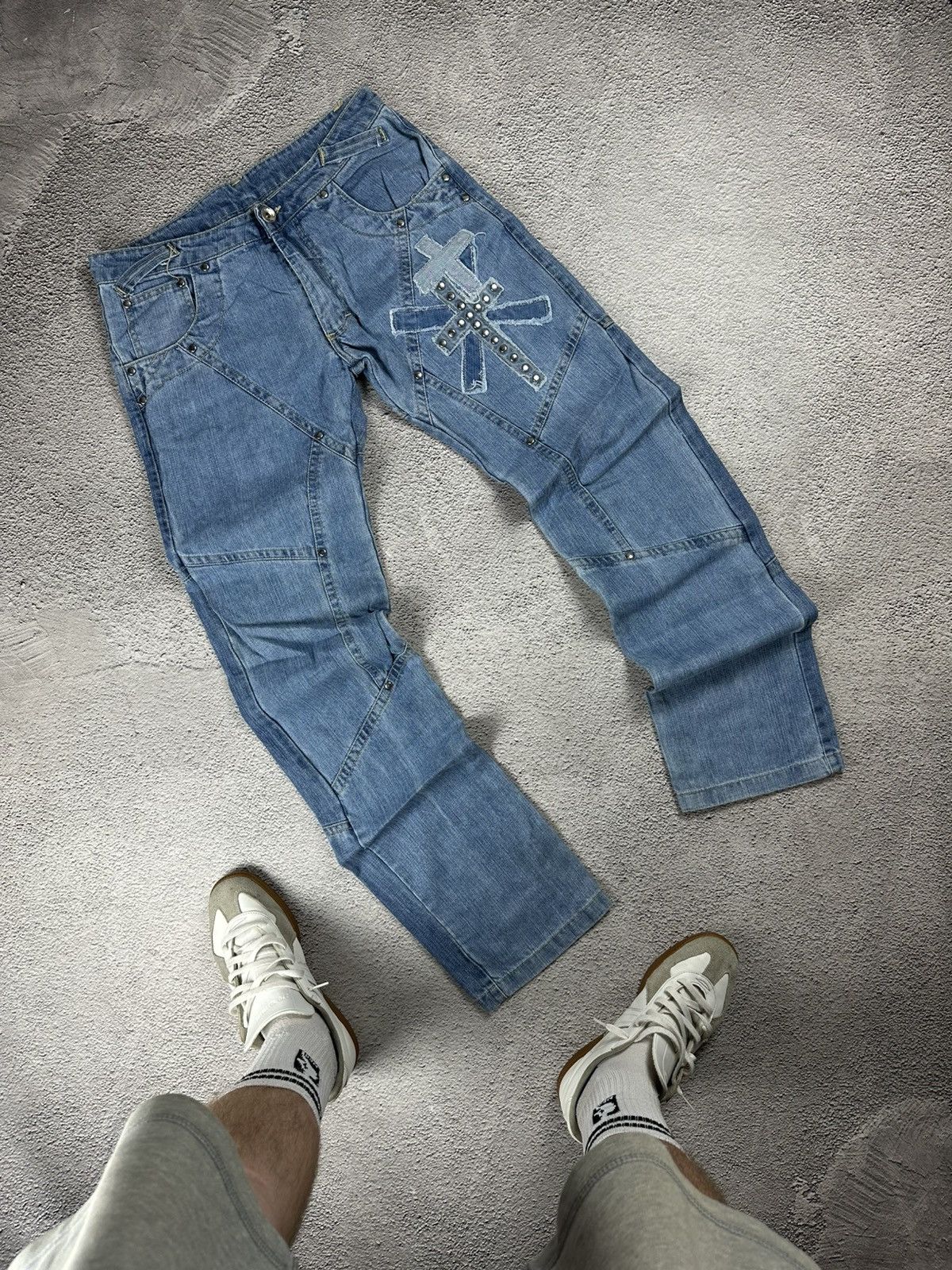 Other Y2K Cross Patchwork Denim Jeans Crashed Japan Avant Garde Size US 33 - 1 Thumbnail