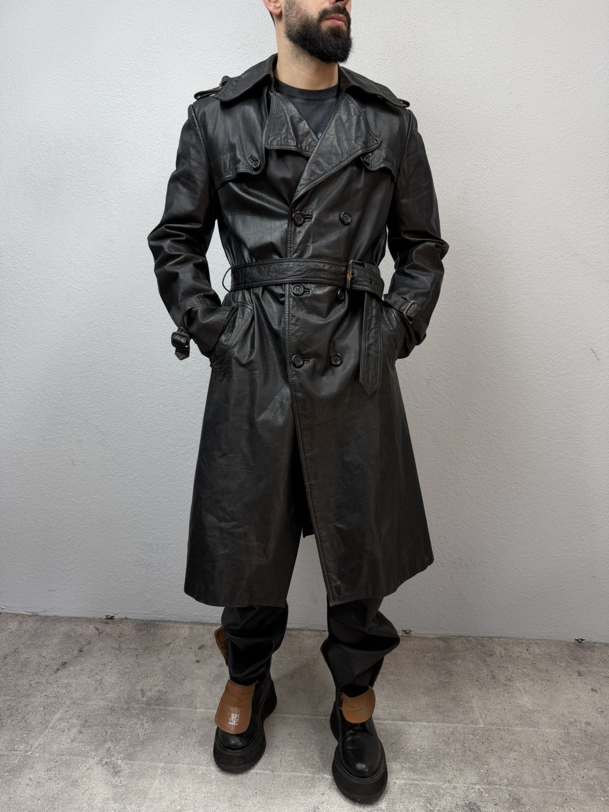 If Six Was Nine Vintage Rick Owens Style Double Breasted Leather Coat Jacket Size US M / EU 48-50 / 2 - 4 Thumbnail