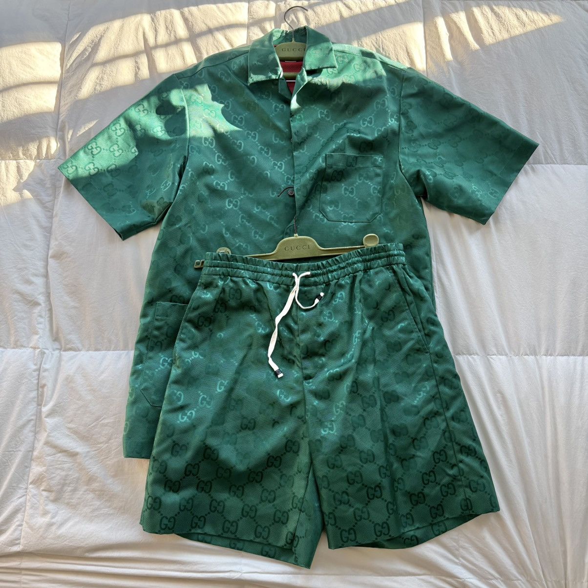 Gucci Gucci Green Jacquard Canvas Nylon Bowling Shirt & Shorts Set Size US S / EU 44-46 / 1 - 1 Thumbnail
