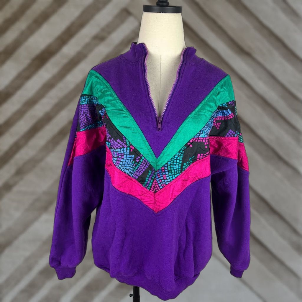 Vintage VINTAGE Active Elements Sweatshirt 80s 90s Geometric Patchwork 1/4 Zip Pullover Purple Women's Large Knit Cotton Blend Casual Womens Size L / US 10 / IT 46 - 1 Thumbnail