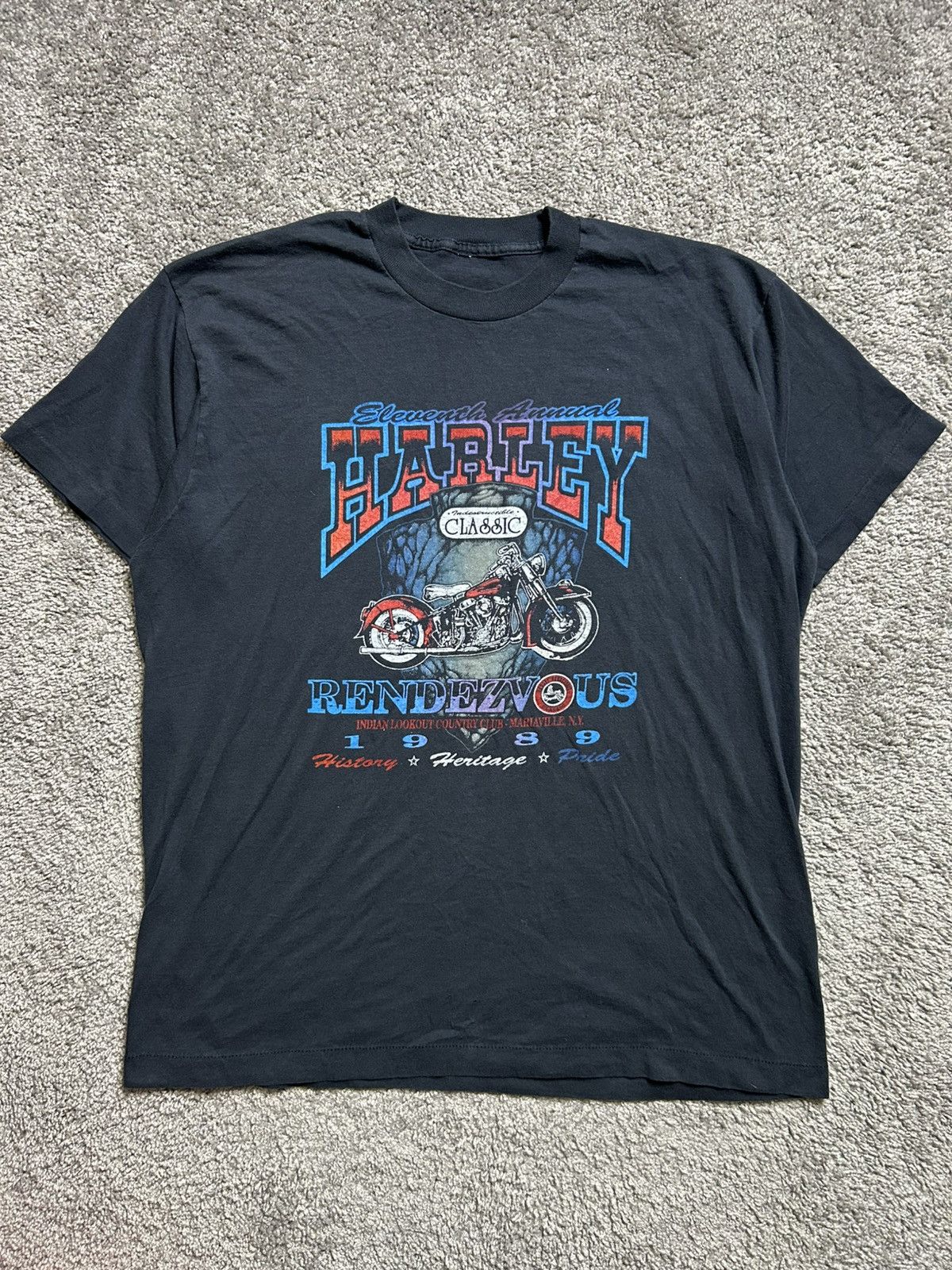 Vintage Vintage 80s Harley Rendezvous Tee Single Stitch Dated 1989 Size US XL / EU 56 / 4 - 1 Thumbnail