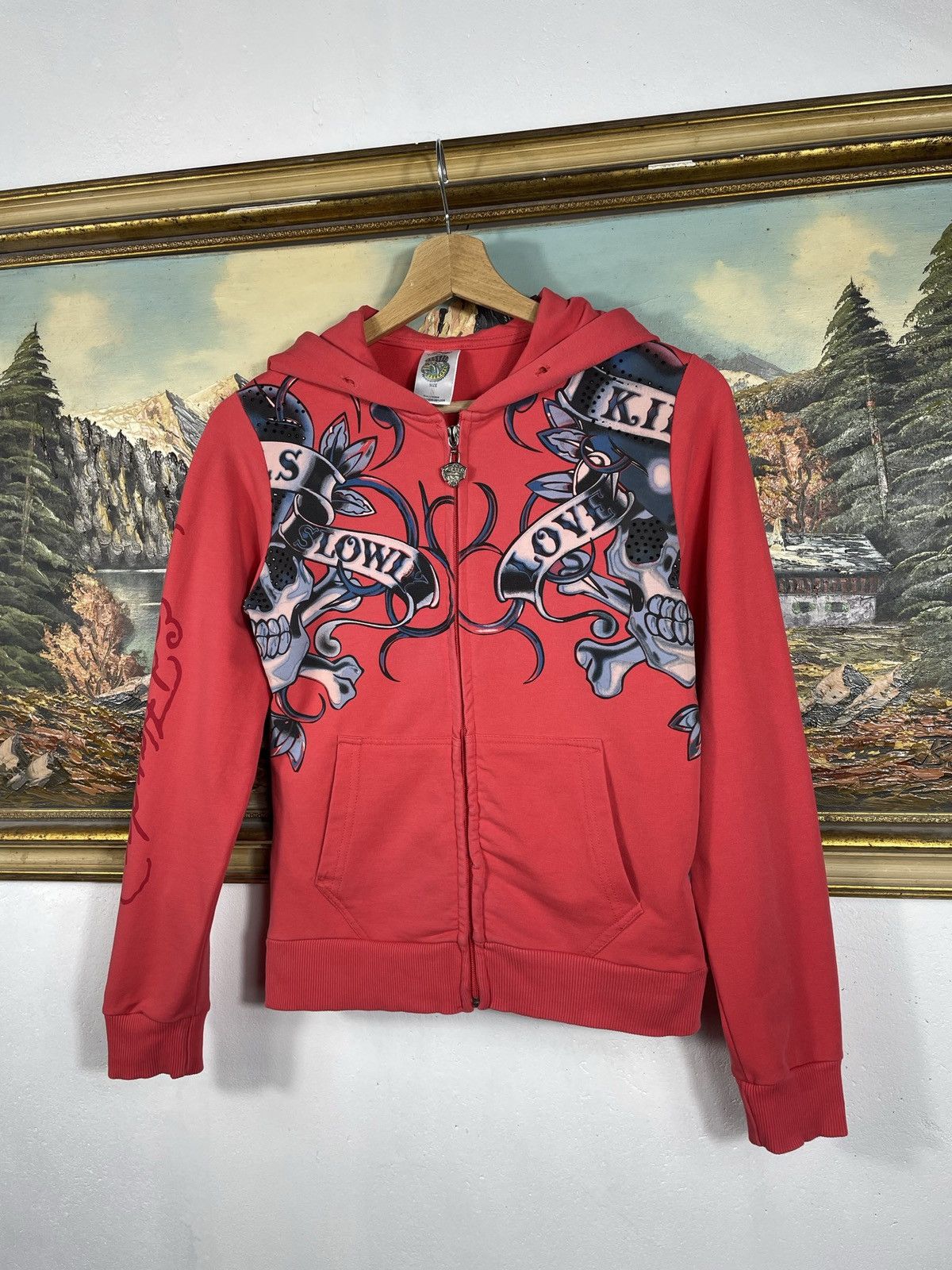 Christian Audigier × Ed Hardy × Vintage Ed Hardy Retro 00s Hoodie With Crystals Affliction Grunge Size US XXS / EU 40 - 4 Thumbnail