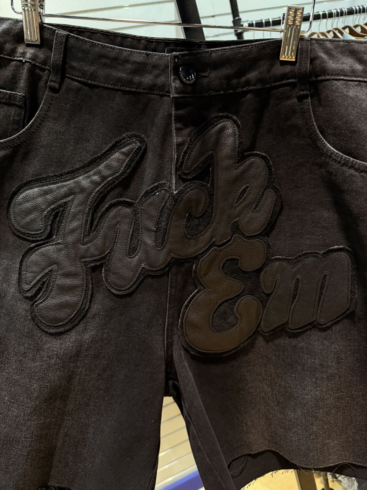 Other Fuck EM Shorts Black Denim Leather Patch Size (32) Size US 32 / EU 48 - 2 Thumbnail