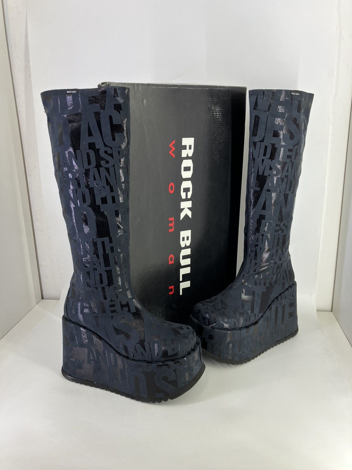 Vintage Rock Bull black faux leather chunky platform knee boots 90s Size US 11 / IT 41 - 1 Thumbnail