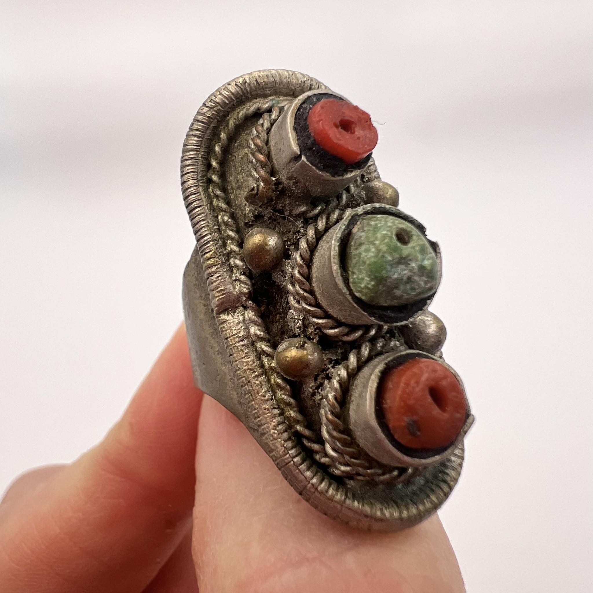 Antique Ethnic Bedouin Yemen Coral Turquoise Handmade Ring