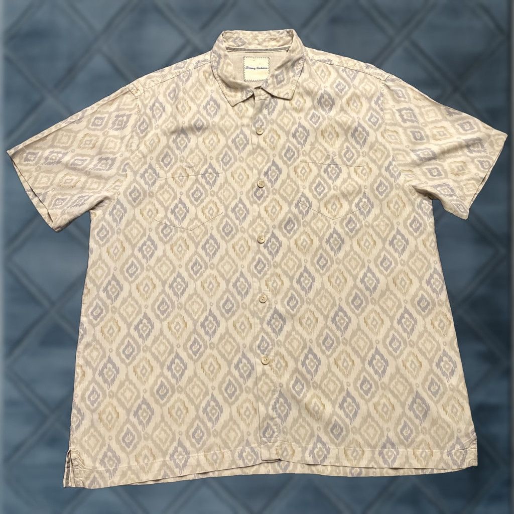 Tommy Bahama Tommy Bahama Shirt Mens XL Tan Grey Ikat Diamond Print Silk Short Sleeve Button-Up Casual Travel Summer Beach Size US XL / EU 56 / 4 - 1 Thumbnail