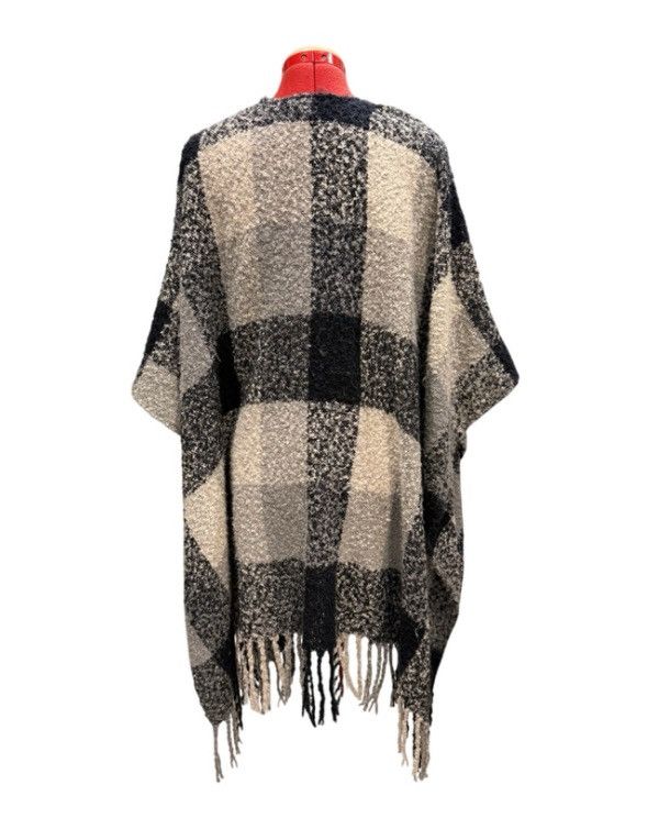 Other Cozy Plaid Fringe Poncho / Wrap / Shawl Black, Gray & Cream Size ONE SIZE - 3 Thumbnail