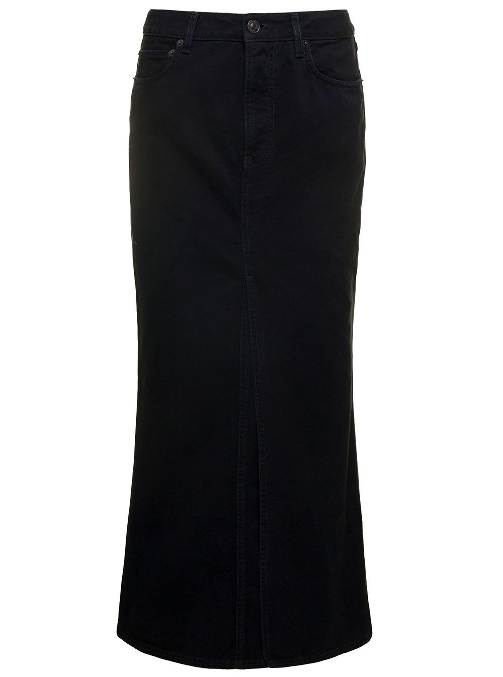 Maxi Black Skirt with Logo Patch at the Back in Cotton Denim Woman