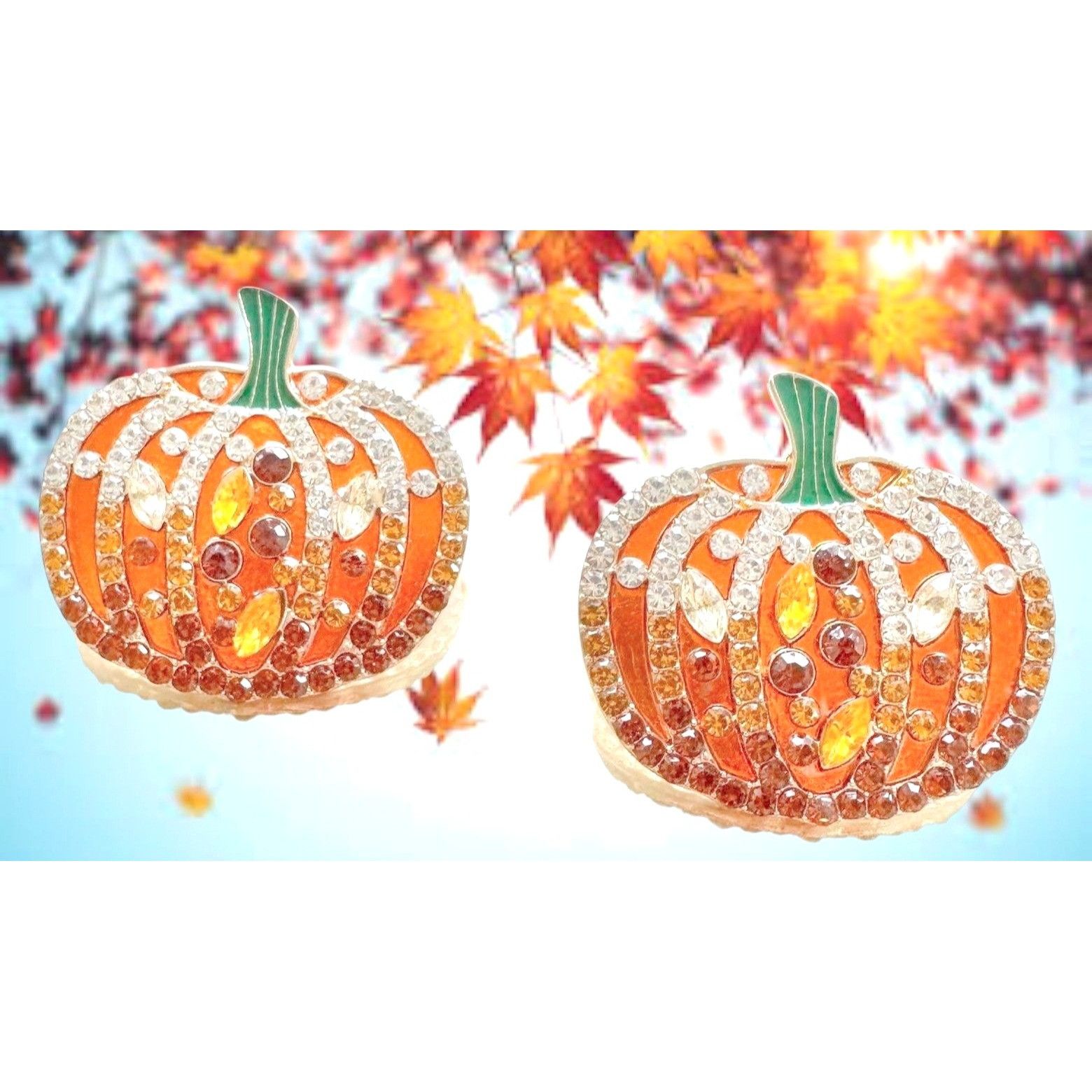 Handmade Pumpkin Earrings New Rhinestones Pierced Posts Thanksgiving Size ONE SIZE - 1 Thumbnail