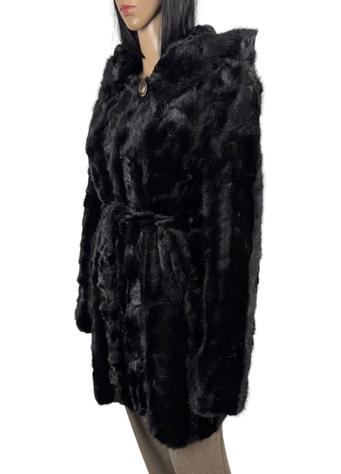 Designer Real Mink Fur Coat Hooded Belted size XS Size XS / US 0-2 / IT 36-38 - 6 Thumbnail