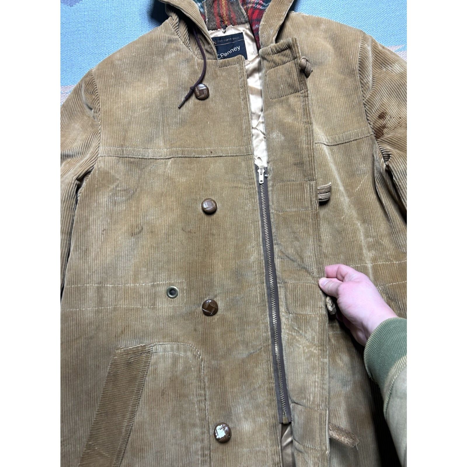 JCPenney VINTAGE JCPenney Corduroy Jacket Overcoat Hooded Lined Distressed Large 42 Men Jacket Corduroy Beige 70s Size US L / EU 52-54 / 3 - 7 Thumbnail