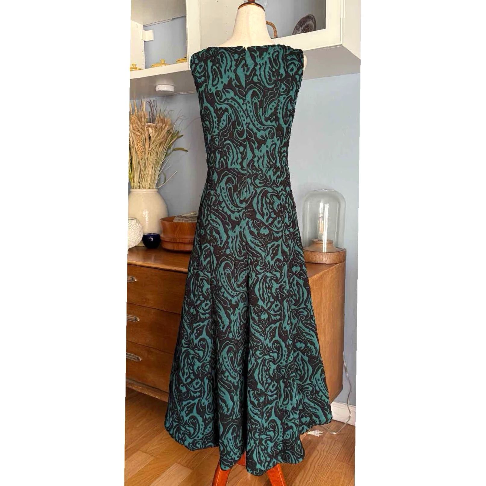 Vintage Catherine Malandrino Dress Jacquard Hi-Low Hem Midi Sleeveless V-Neck Zip Black Green Sz 2 Womens Size XS / US 0-2 / IT 36-38 - 4 Thumbnail