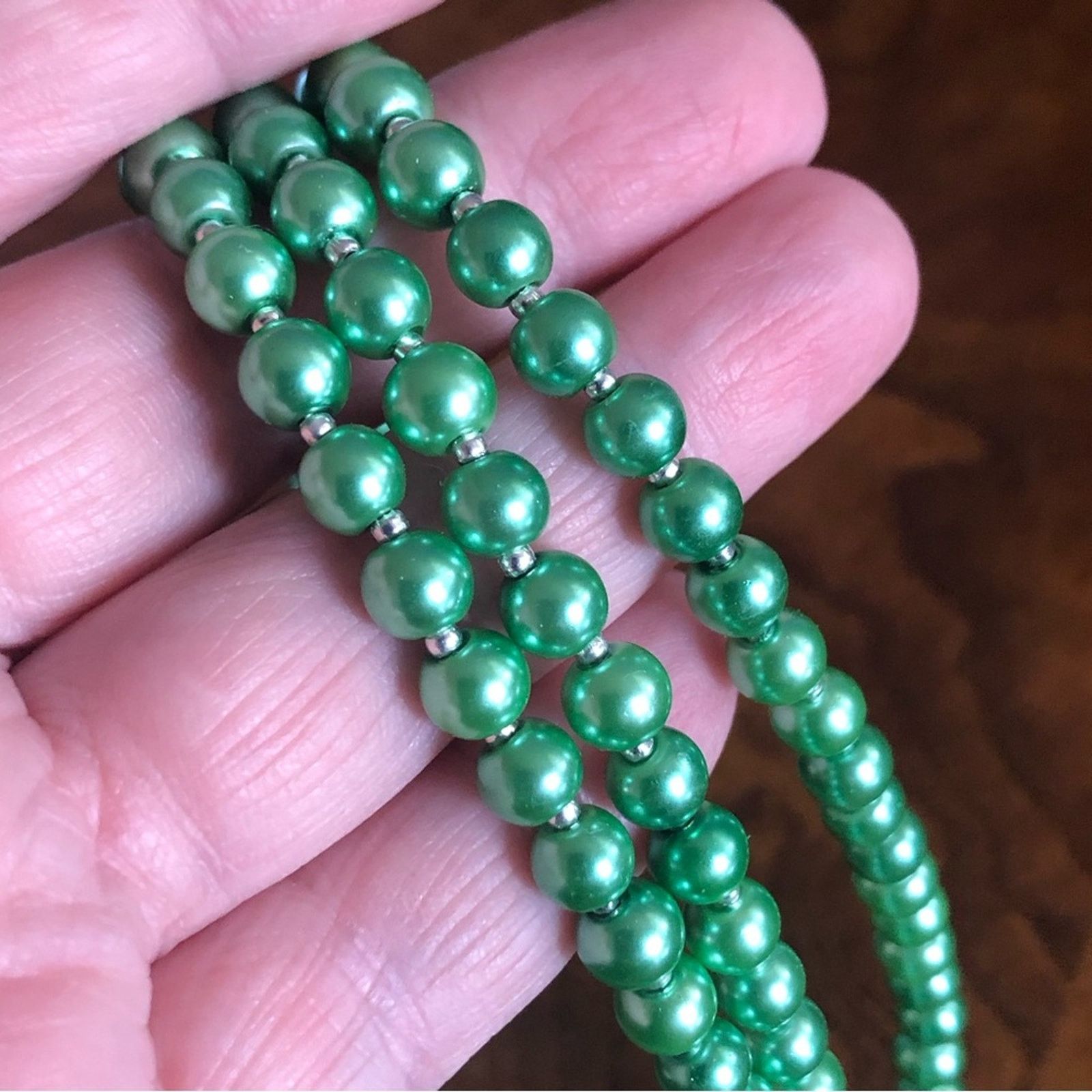 Handmade Handcrafted triple strand green pearl stone clasp necklace Size ONE SIZE - 12 Thumbnail