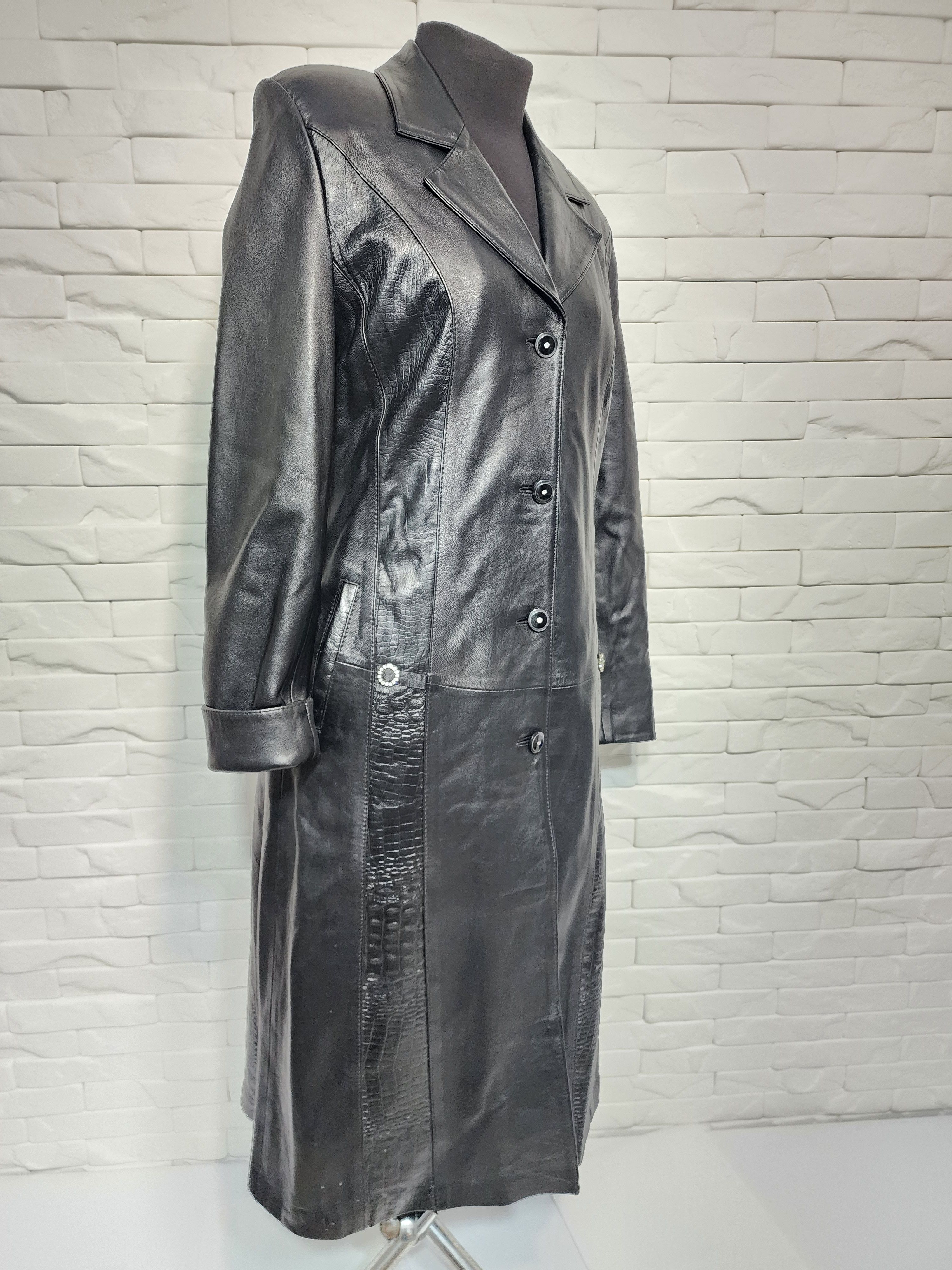 Genuine Leather Elegant Black Leather Raincoat: Women's Long Coat. Size L / US 10 / IT 46 - 3 Thumbnail