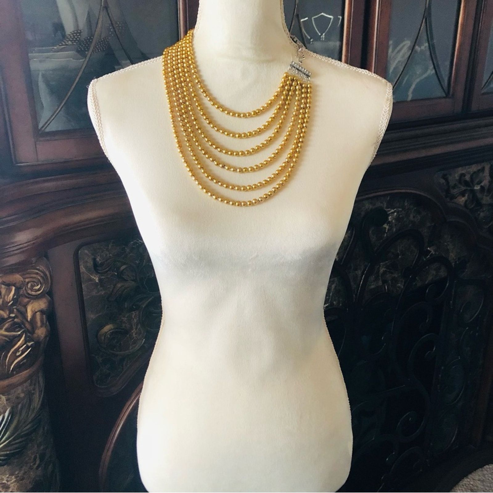 Handmade Handcrafted six strand golden Czech glass pearl necklace Size ONE SIZE - 5 Thumbnail