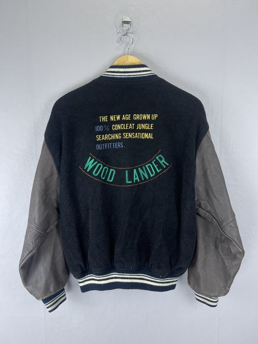 Vintage Vtg WOOD LANDER Embroidery Spellout Leather Sleeve Varsity ...