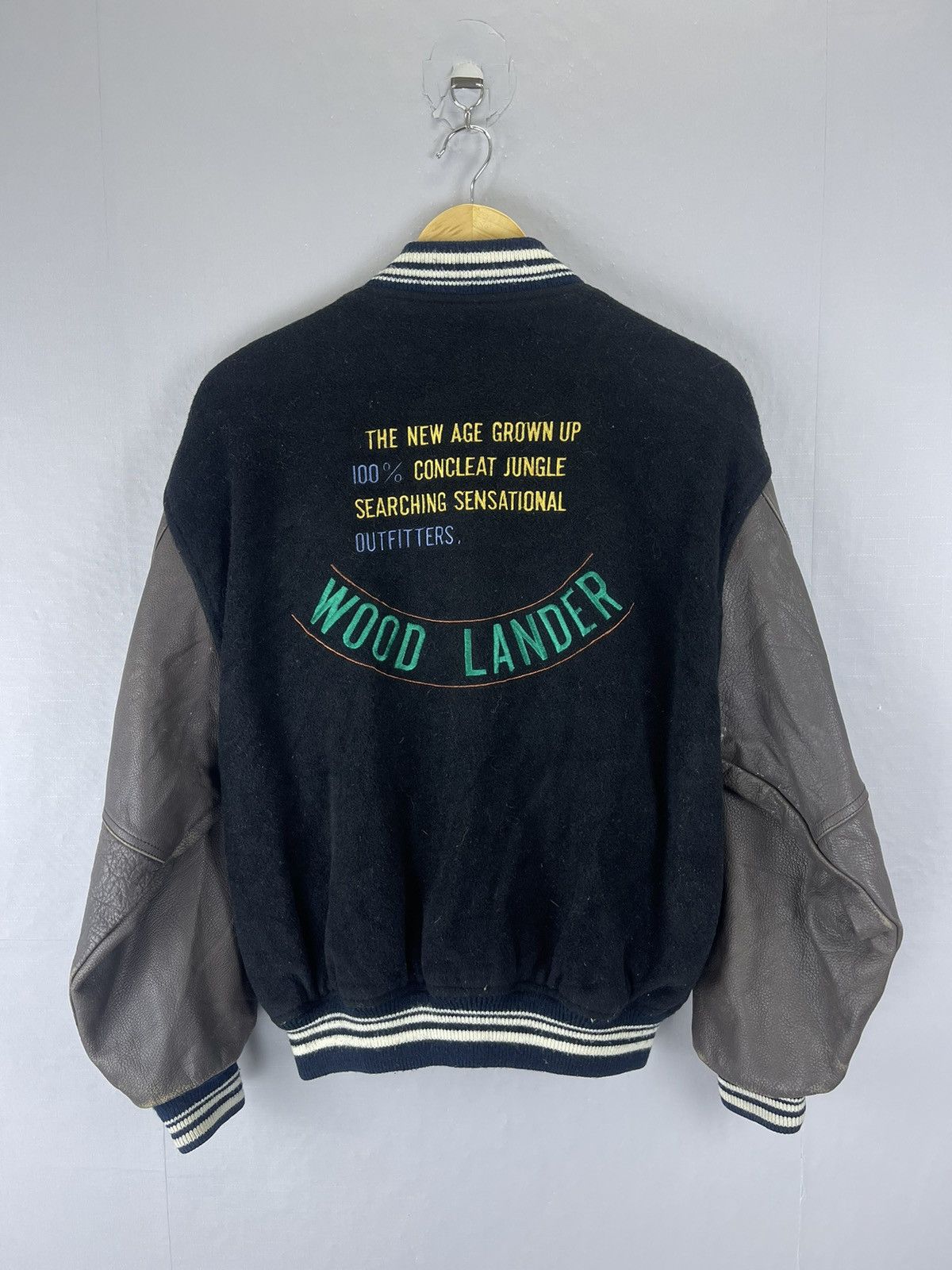 image of Varsity Jacket x Vintage VTG Wood Lander Embroidery Spellout Leather Sleeve Varsity in Black (Size 