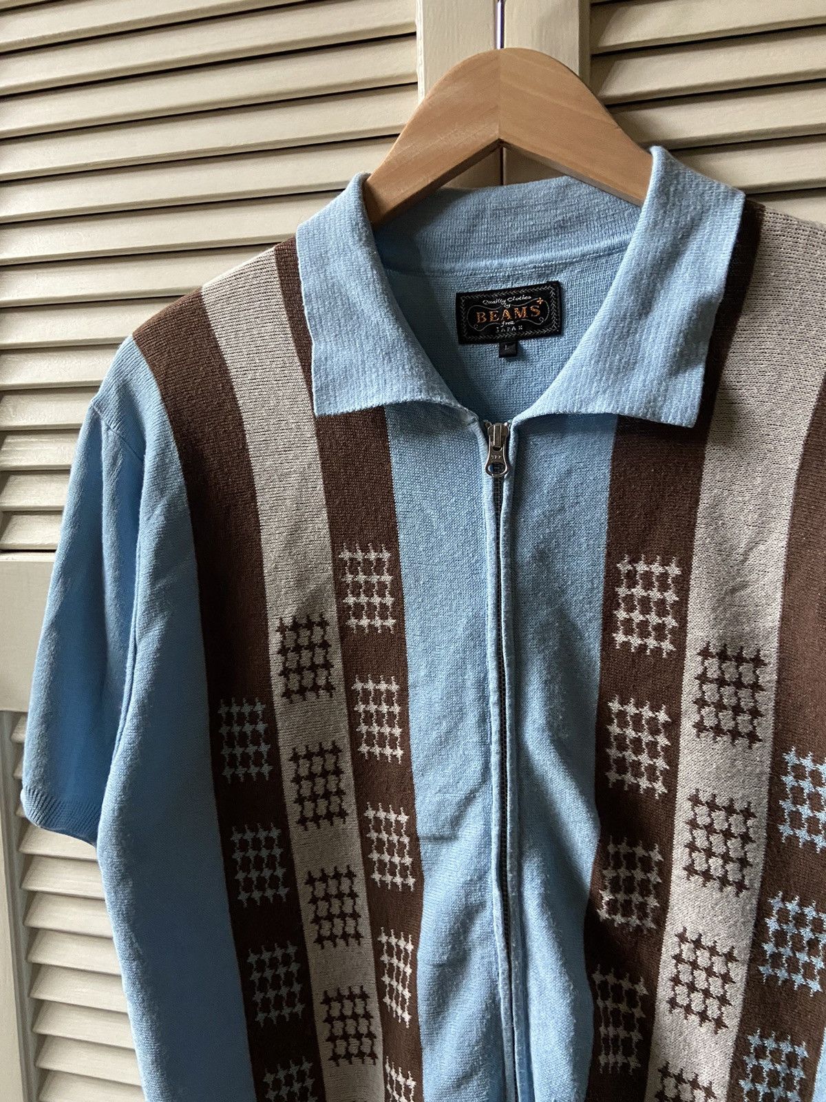 image of Beams Plus + Japan Knit Full Zip Blue Polo Sweater Shirt, Men's (Size Large)