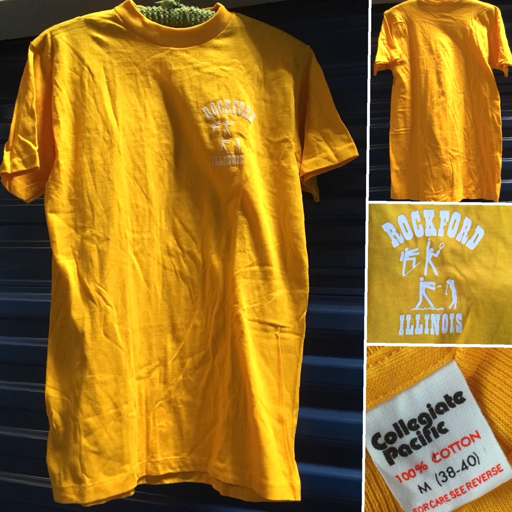 Vintage VINTAGE Collegiate Pacific Rockford Illinois T-Shirt Yellow 1980s 80s Size M Mens Short Sleeve 100% Cotton Graphic Tee Size US M / EU 48-50 / 2 - 6 Thumbnail