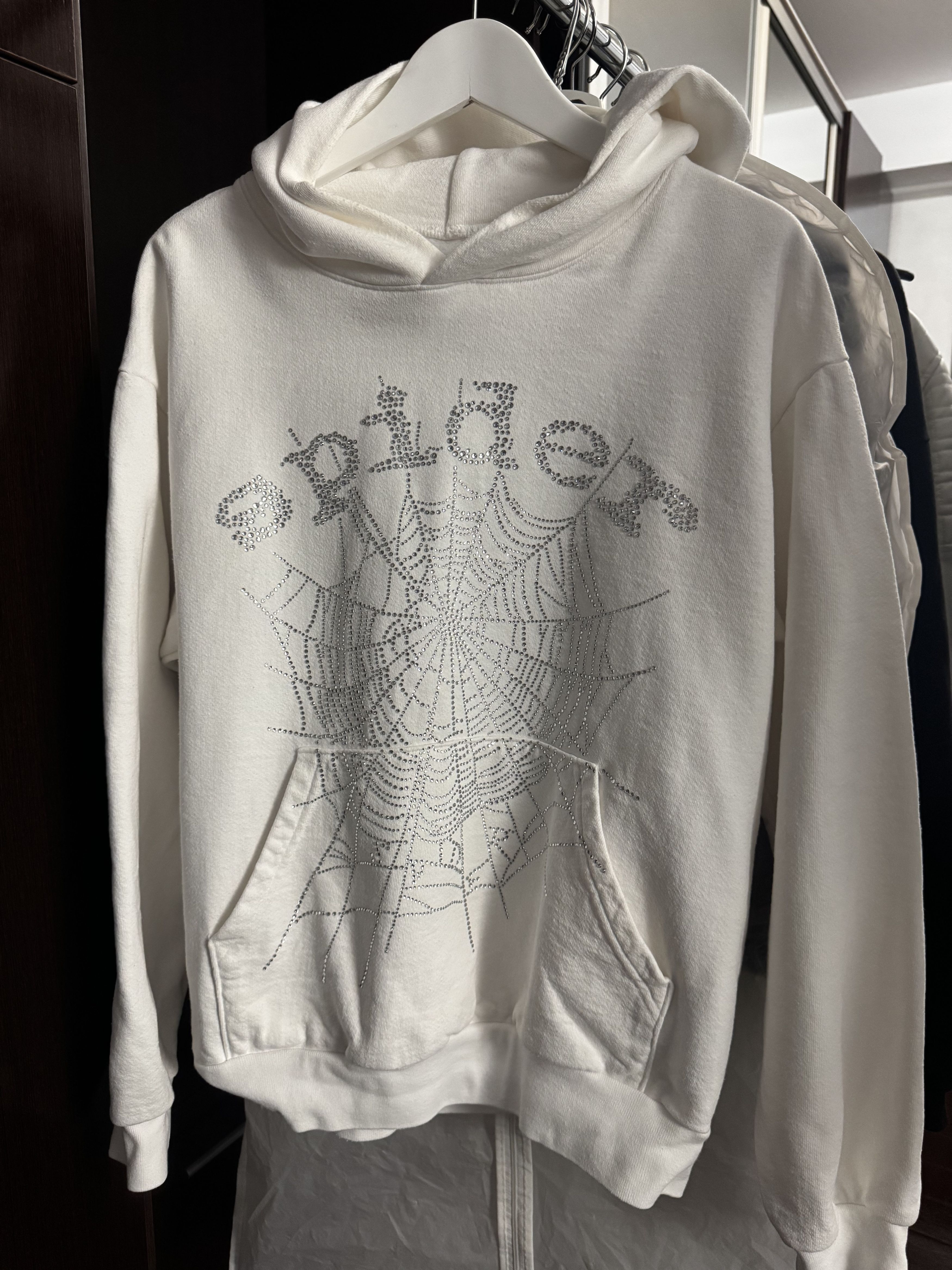 Sp5der OG Rhinestone Logo Hoodie White