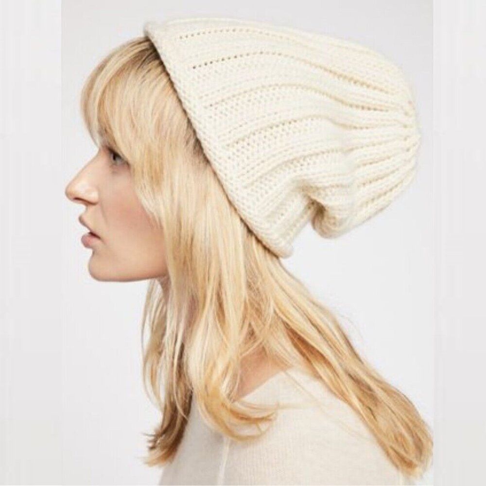 Free People Free People Rory Ribbed Slouchy Ivory Beanie Hat Size ONE SIZE - 1 Thumbnail