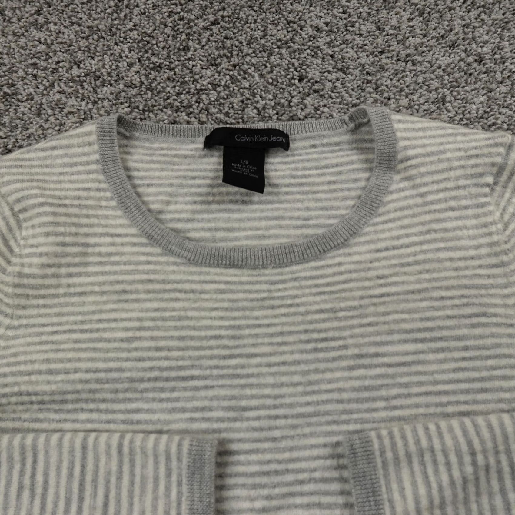 Calvin Klein Calvin Klein Sweater Womens L Gray Stripe Crewneck Knit Top Pullover Wool Blend Shirt Size L / US 10 / IT 46 - 3 Thumbnail