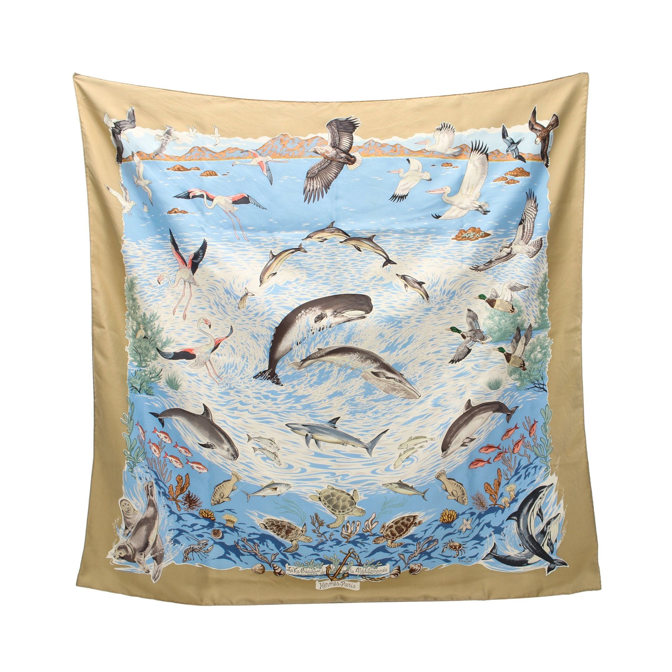 image of Hermes Carres 90 Vie Precieuse De La Mediterranee Scarf Silk Beige Light Blue Multicolor, Women's